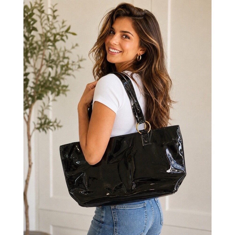 Neiman Marcus Vtg Y2K 1990s Womens Black Patent Faux Leather Tote Bag Promo New